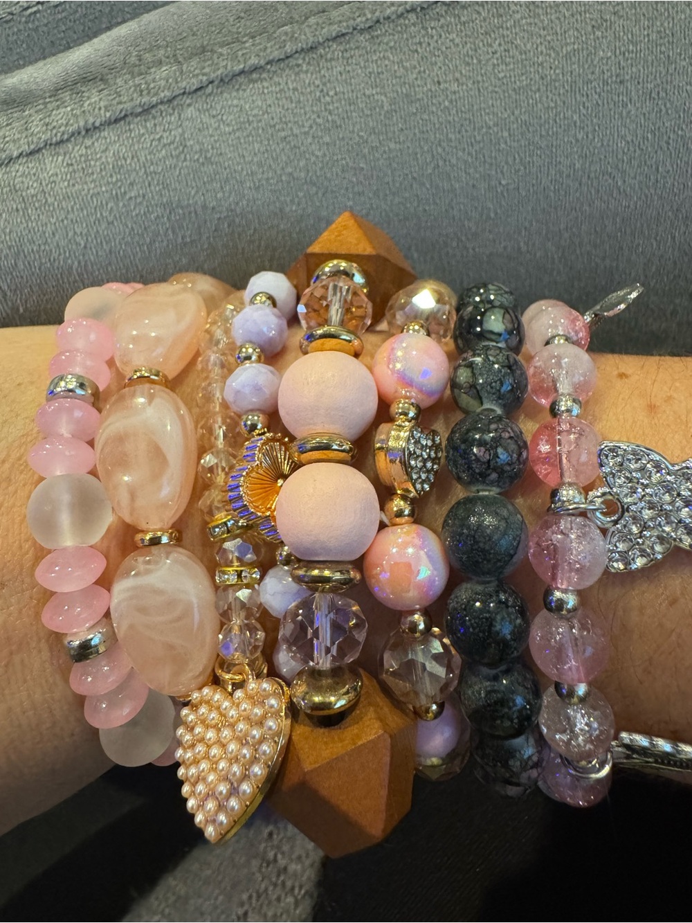 Stacked Pink Beaded Charm Bracelet Set- 8 Bracelets